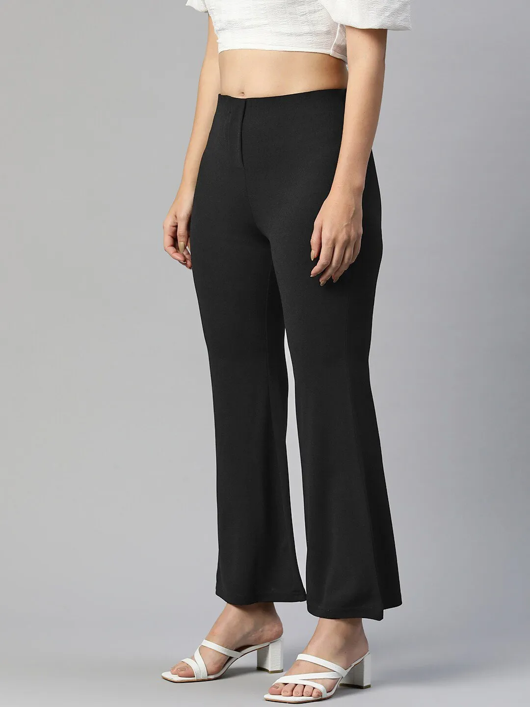 plusS Women Black Flared High-Rise Trousers